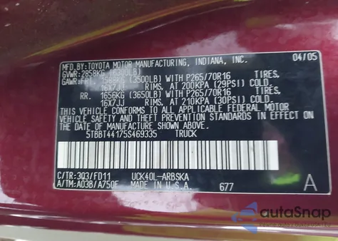 2005 Toyota Tundra Sr5 V8 z USA, uszkodzony, nr VIN 5TBBT44175S469335